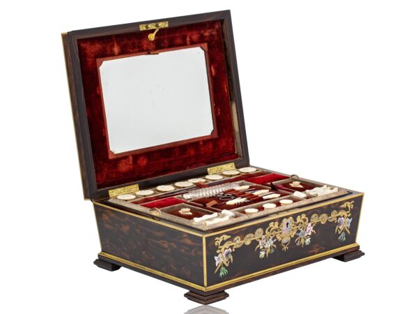 Front overview of the Coromandel Inlaid Sewing Box John Turrill with the lid up