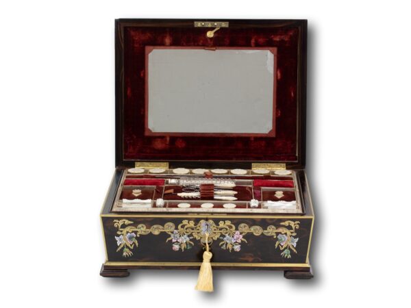 Front overview of the Coromandel Inlaid Sewing Box John Turrill with the lid up and the key fitted