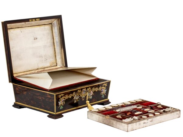 Front overview of the Coromandel Inlaid Sewing Box John Turrill with the lid up, tray removed and storage open in the rear of the mirror