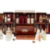 Overview of the Mahogany Double Opening Apothecary Box showing the contents