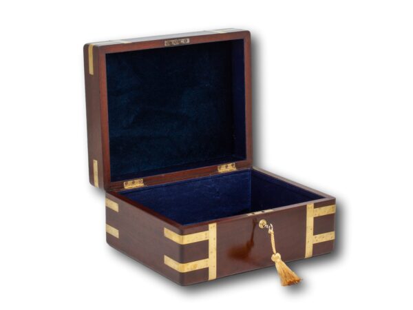 Front overview of the Georgian Mahogany Jewellery Box with the lid up and key fitted