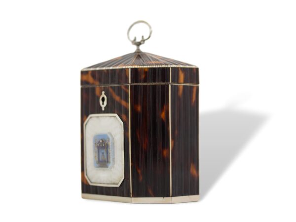 Front overview of the Pressed Tortoiseshell Tent Top Tea Caddy