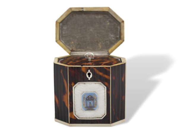 Front of the Pressed Tortoiseshell Tent Top Tea Caddy with the lid up