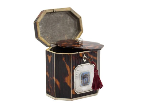 Front overview of the Pressed Tortoiseshell Tent Top Tea Caddy with the lid up
