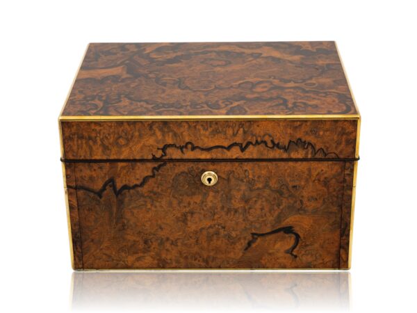 Front of the Burr Walnut and Silver Mechanical Vanity Box Royal Connection