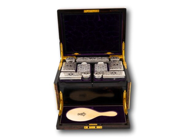 Front of the Burr Walnut and Silver Mechanical Vanity Box Royal Connection opened