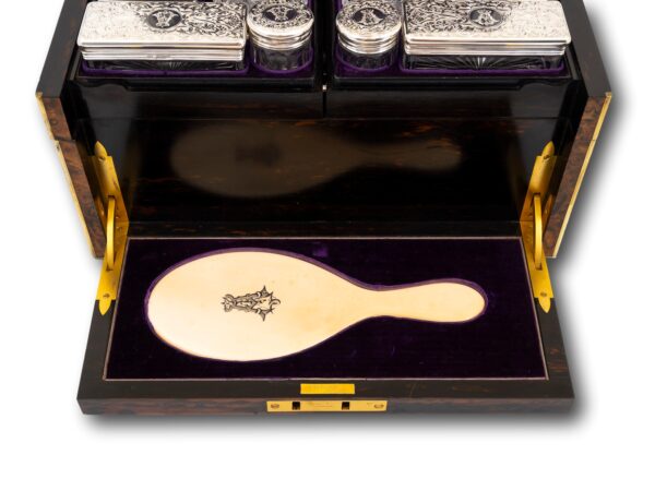 Close up of the interior of the Burr Walnut and Silver Mechanical Vanity Box Royal Connection