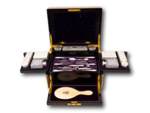 Front of the Burr Walnut and Silver Mechanical Vanity Box Royal Connection opened and fully extended