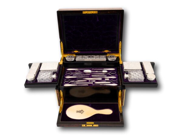Front of the Burr Walnut and Silver Mechanical Vanity Box Royal Connection opened and fully extended