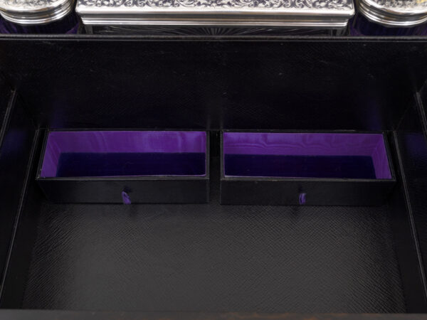 Close up of the hidden drawers in the Burr Walnut and Silver Mechanical Vanity Box Royal Connection