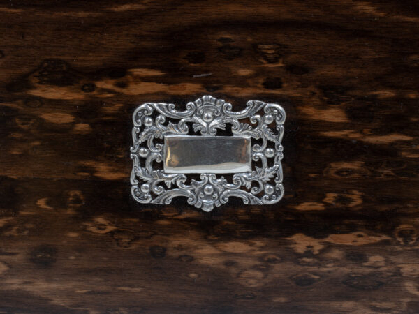 Close up of the vacant initial plaque on the Coromandel Silver Mounted Cigar Box
