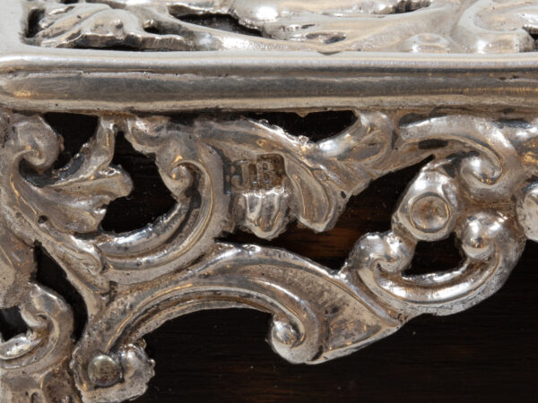 Close up of the sterling silver hallmarks on the Coromandel Silver Mounted Cigar Box
