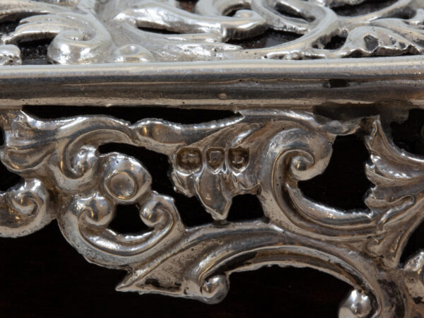Close up of the sterling silver hallmarks on the Coromandel Silver Mounted Cigar Box