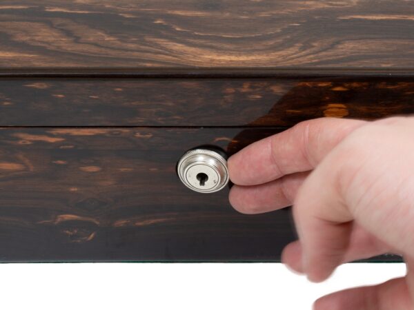 Close up of the hidden escutcheon latch on the Coromandel Silver Mounted Cigar Box