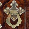 Close up of the handle on the Feathered Burr Walnut Decanter Box Betjemann Kenneth