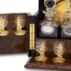 Close up of the decanter bottles and glasses inside the Feathered Burr Walnut Decanter Box Betjemann Kenneth