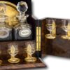 Close up of the decanter bottles and glasses inside the Feathered Burr Walnut Decanter Box Betjemann Kenneth