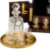 Close up of the decanter, tray and glasses from the Feathered Burr Walnut Decanter Box Betjemann Kenneth