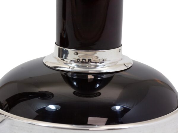 Close up of the silver hallmarks on the Silver and Tortoiseshell Candlesticks Asprey