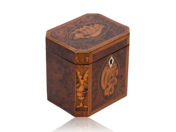 Front overview of the Burr Yew Canted Corner Tea Caddy