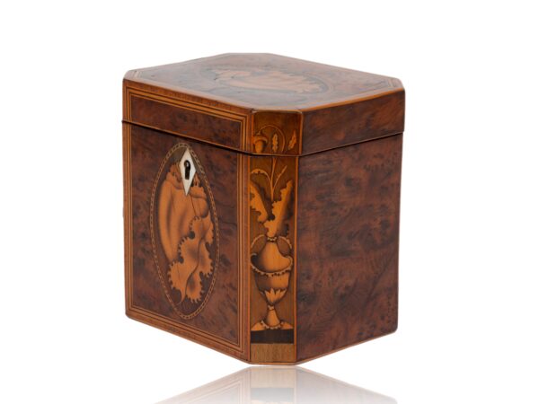 Front overview of the Burr Yew Canted Corner Tea Caddy