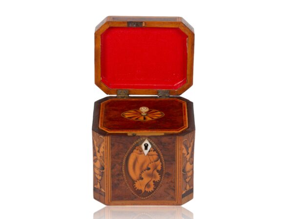 Front of the Burr Yew Canted Corner Tea Caddy with the lid up
