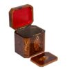 Front of the Burr Yew Canted Corner Tea Caddy with the lid up and caddy lid removed