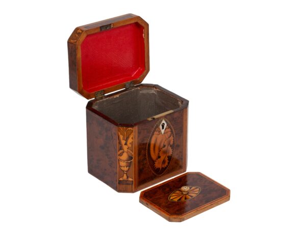 Front of the Burr Yew Canted Corner Tea Caddy with the lid up and caddy lid removed