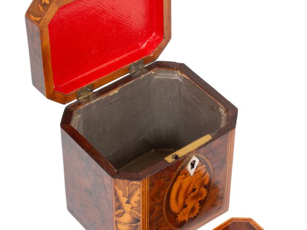 Inside of the Burr Yew Canted Corner Tea Caddy