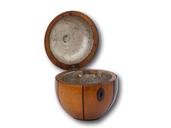 Front of the Antique Continental Melon Fruit Tea Caddy with the key fitted with the lid up