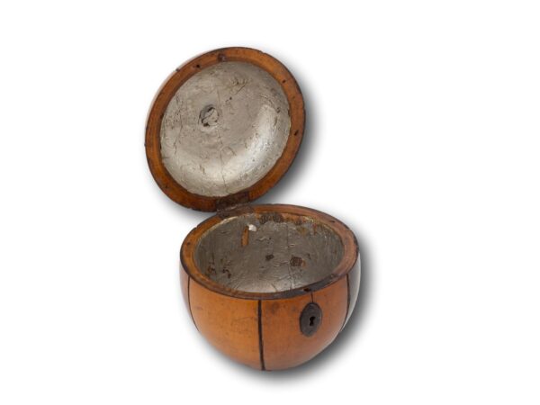 Front of the Antique Continental Melon Fruit Tea Caddy with the key fitted with the lid up
