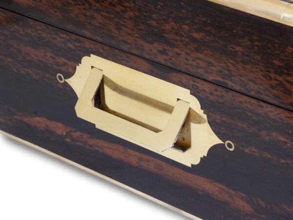 Close up of the handle on the Coromandel Vanity Box Edwards for Hunt and Roskell