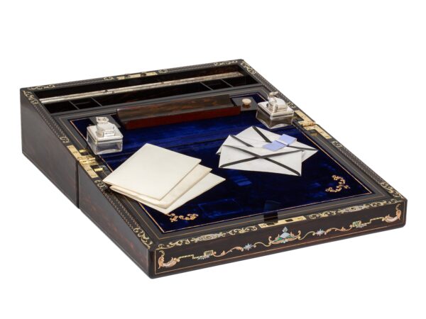 Front of the Coromandel Inlaid Writing Box Hausburg open showing the contents