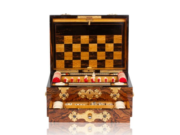 Front of the Burr Walnut Games Compendium Betjemann with the lid up and drawer open