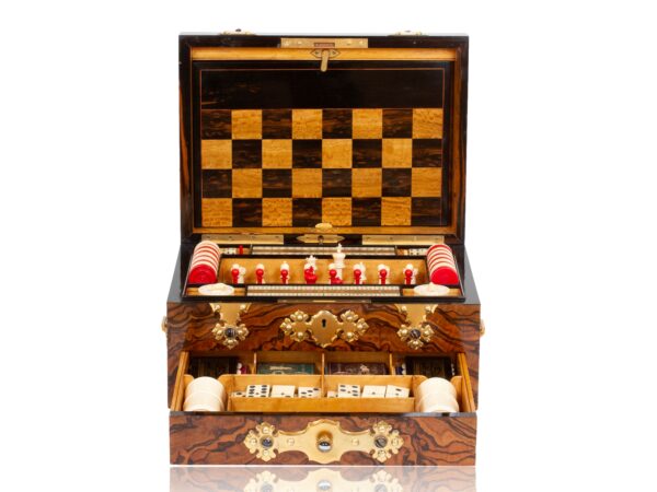 Front of the Burr Walnut Games Compendium Betjemann with the lid up and drawer open