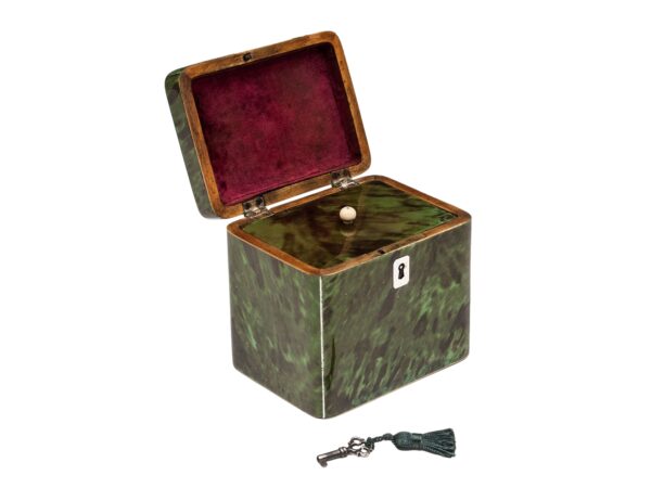 Front overview of the Green Tortoiseshell Tea Caddy with the lid up and key removed