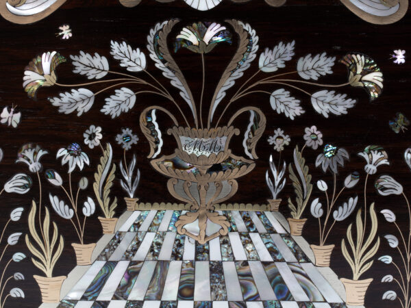 Close up of the lid from the Inlaid Writing Box Hausburg