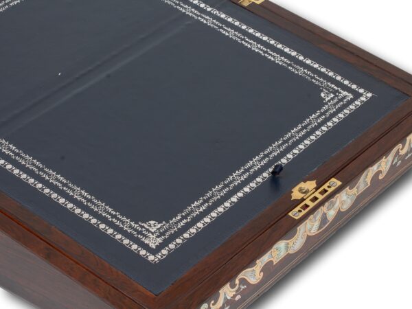 Close up of the bottom half of the writing slope inside the Inlaid Writing Box Hausburg