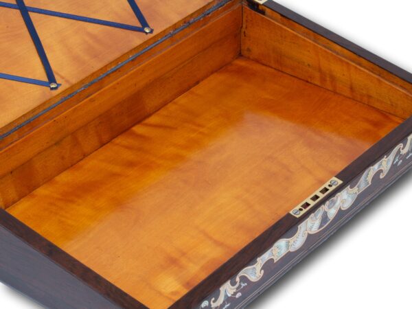 Close up of the bottom storage from the writing slope inside the Inlaid Writing Box Hausburg