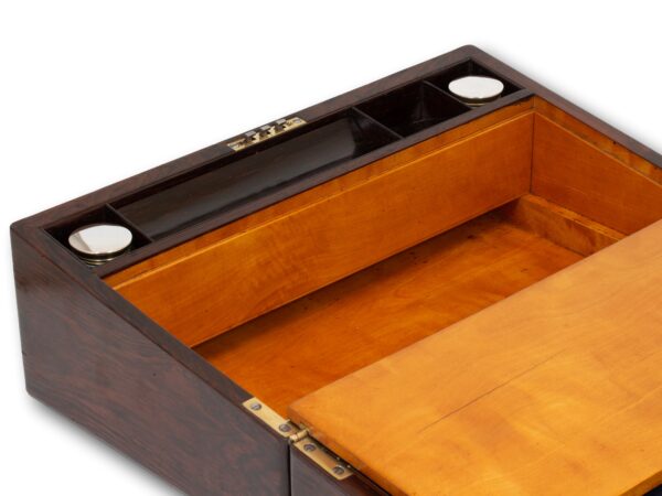 Close up of the top storage from the writing slope inside the Inlaid Writing Box Hausburg