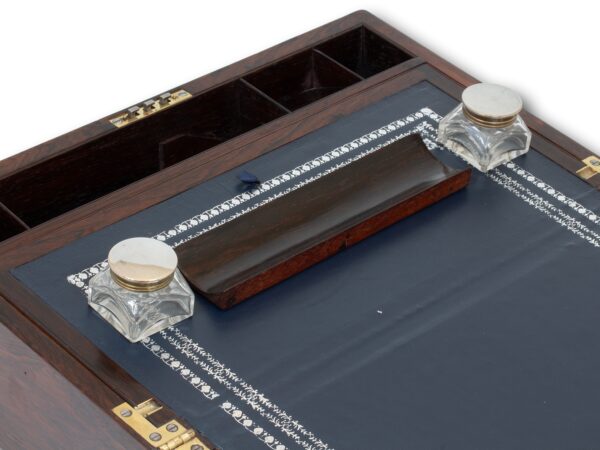 View of the pen tray and inkwell removed from the Inlaid Writing Box Hausburg