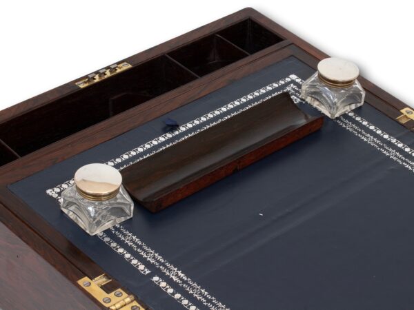 View of the pen tray and inkwell removed from the Inlaid Writing Box Hausburg