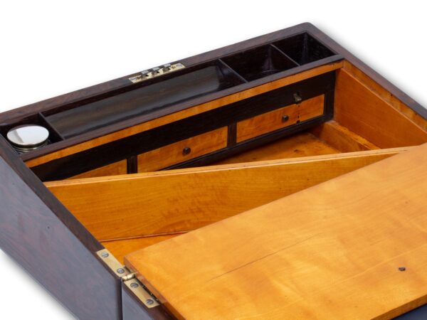View of the secret compartments inside the Inlaid Writing Box Hausburg