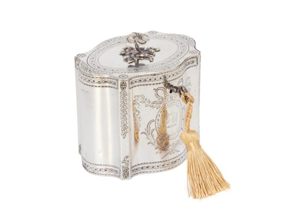 Front overview of the Georgian Silver Tea Caddy by William Vincent with the key fitted