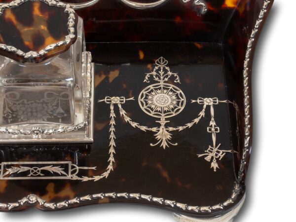 Close up of the silver pique work on the Tortoiseshell and Silver Inkwell William Comyns