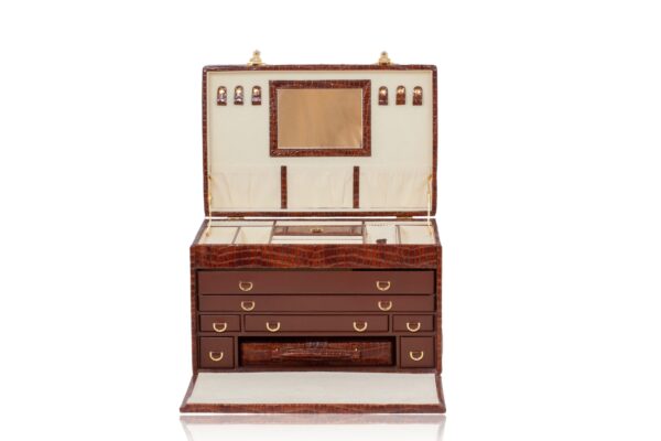 Front overview of the Leather Jewellery Vanity Travel Case opened