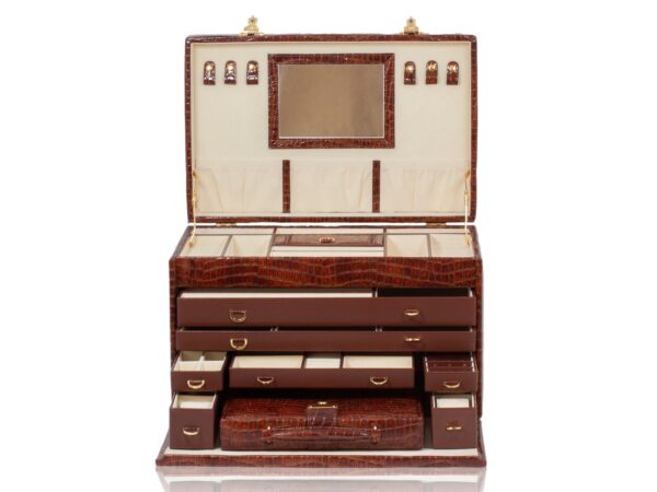 Front overview of the Leather Jewellery Vanity Travel Case opened with all drawers open