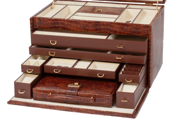 Close up of all the pull out drawers in the Leather Jewellery Vanity Travel Case opened