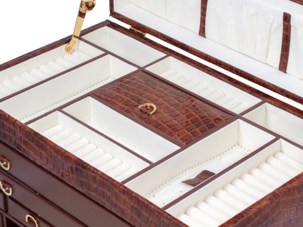 Close up of the top tray from the Leather Jewellery Vanity Travel Case